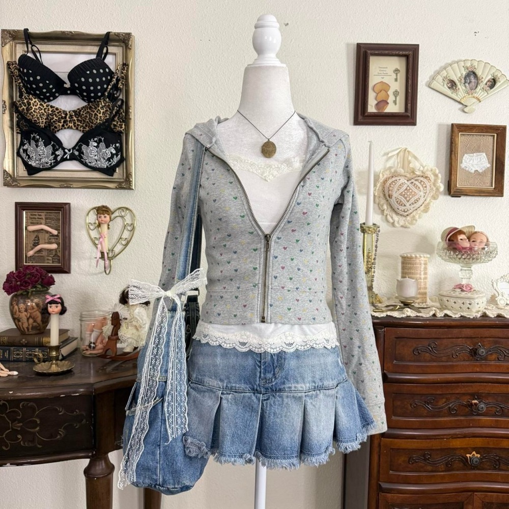y2k scenecore twee girly grunge heart print cropped zip‎ up hooded sweater